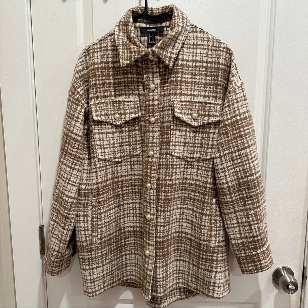 Forever 21 Brown and White Plaid Utility Jacket